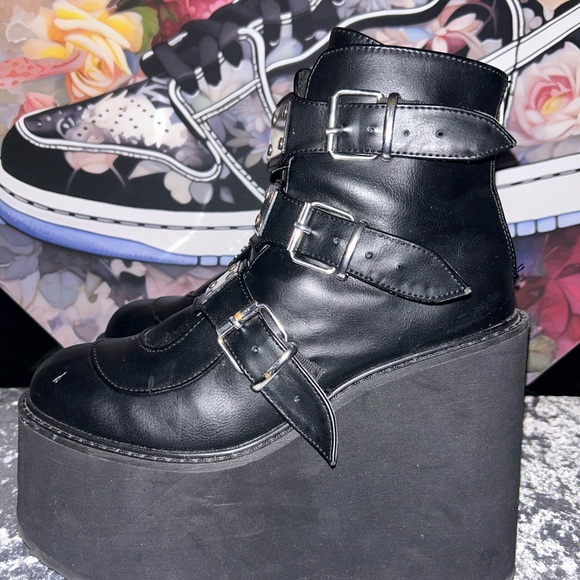 Demonia Black Chunky Platform Shoes with Thick Straps and High Sole - Picture 4 of 6